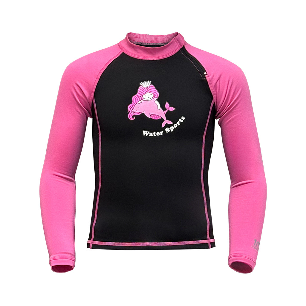 1mm 兒童四向拉伸抓毛游泳保暖上衣 - 黑/粉紅