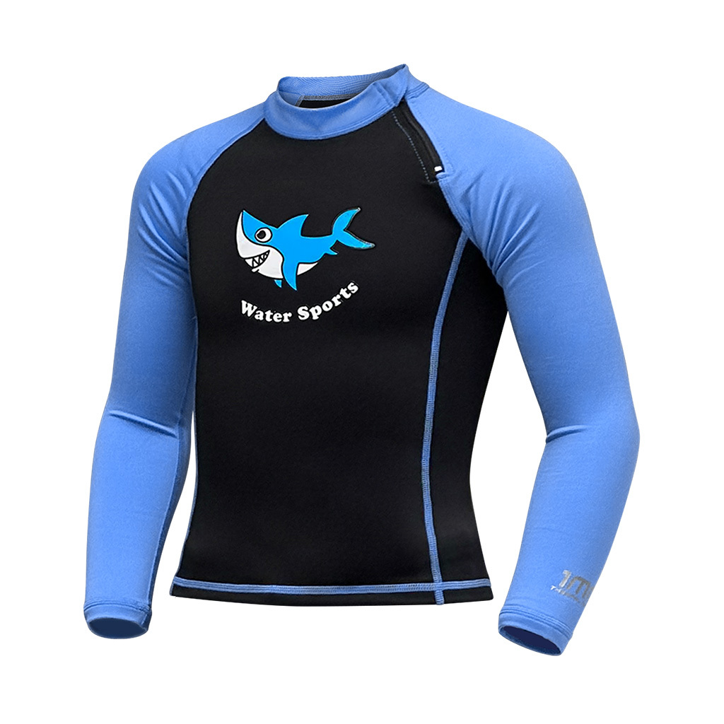 1mm 兒童四向拉伸抓毛游泳保暖上衣 - 黑/藍