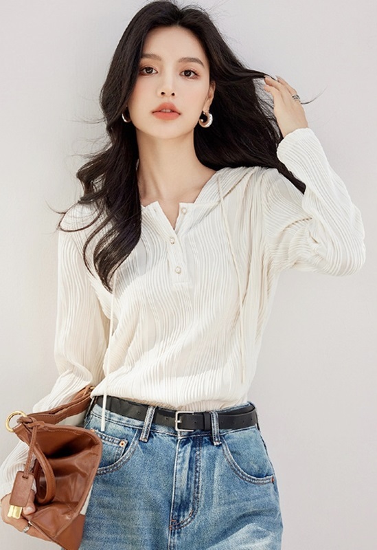 直條紋理連帽上衣 米白