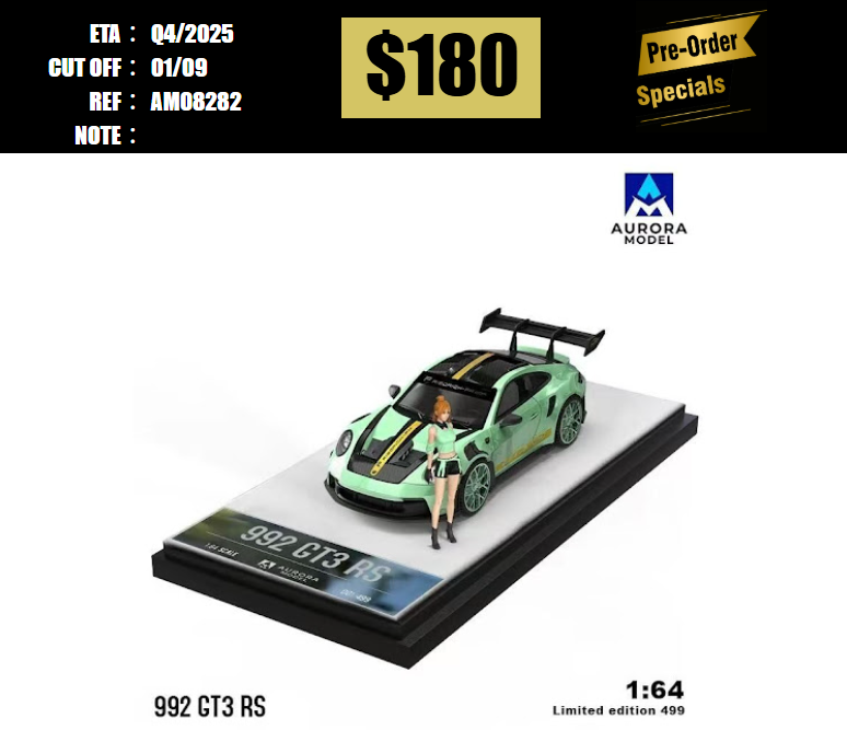 PO-$180 * AURORA MODEL * 1:64 992 GT3 RS MINT GREEN W/FIGURE [OD28/08]