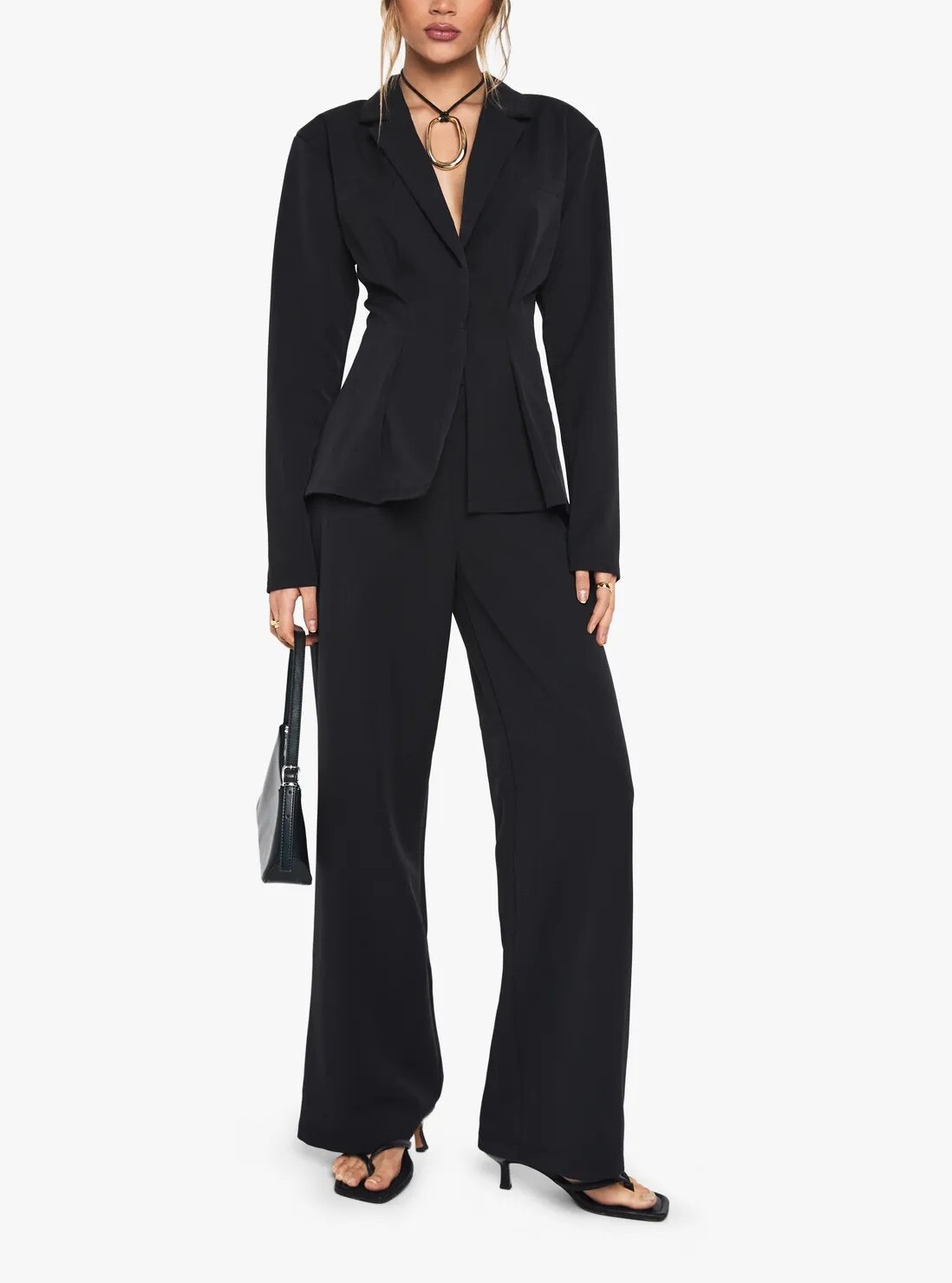City Black黑色壓褶西裝外套+ 高腰長寬褲套裝