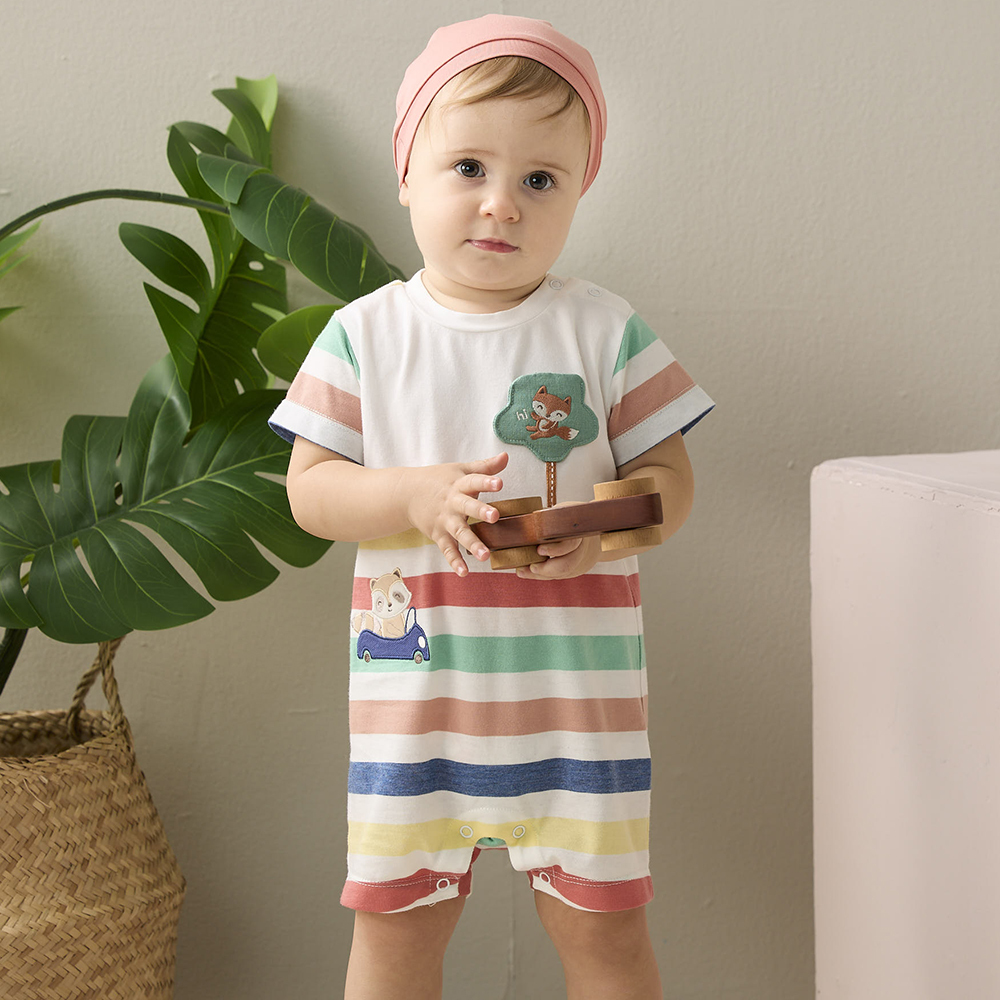 PIPPY 小浣熊開車與小狐狸爬山條紋包屁衣禮盒 白