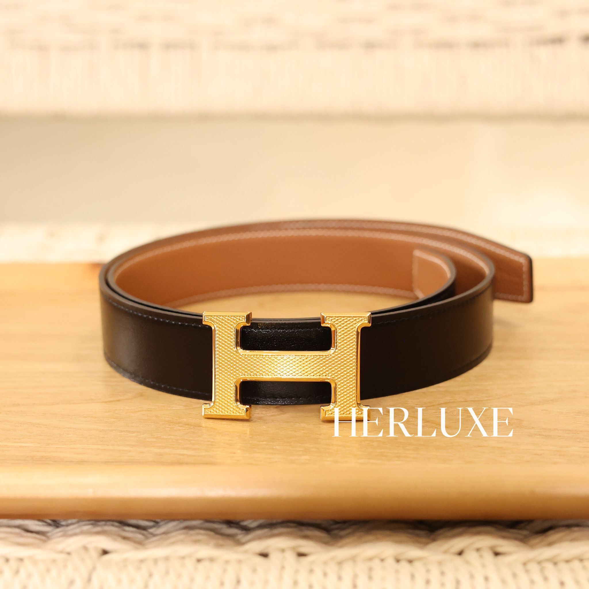 H guillochee plaque or belt 32mm CC 90cm noir/chocolate （Display）