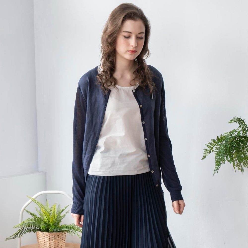 PIPPY亞麻剪接圓領線衫外套 丈青