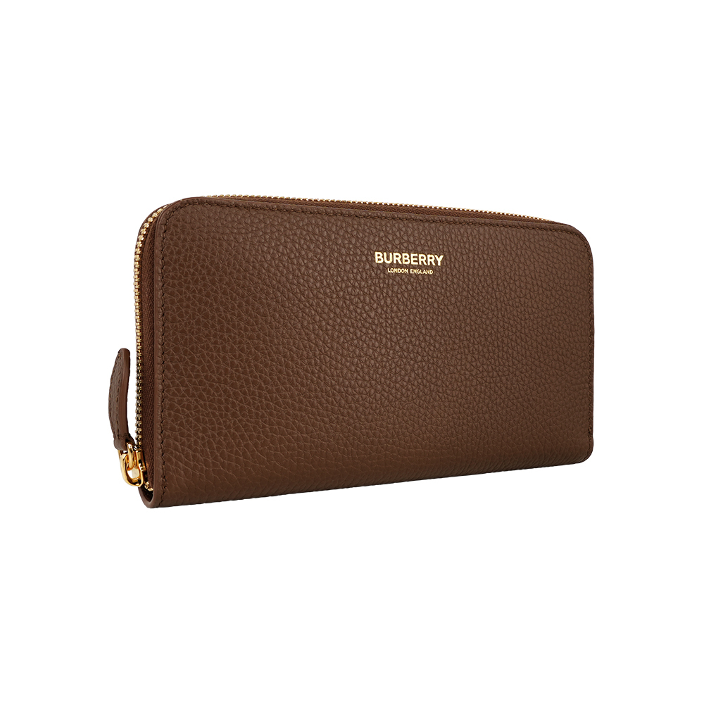 【Burberry】金字Logo 燙印粒紋牛皮ㄇ形拉鏈長夾(土棕色)