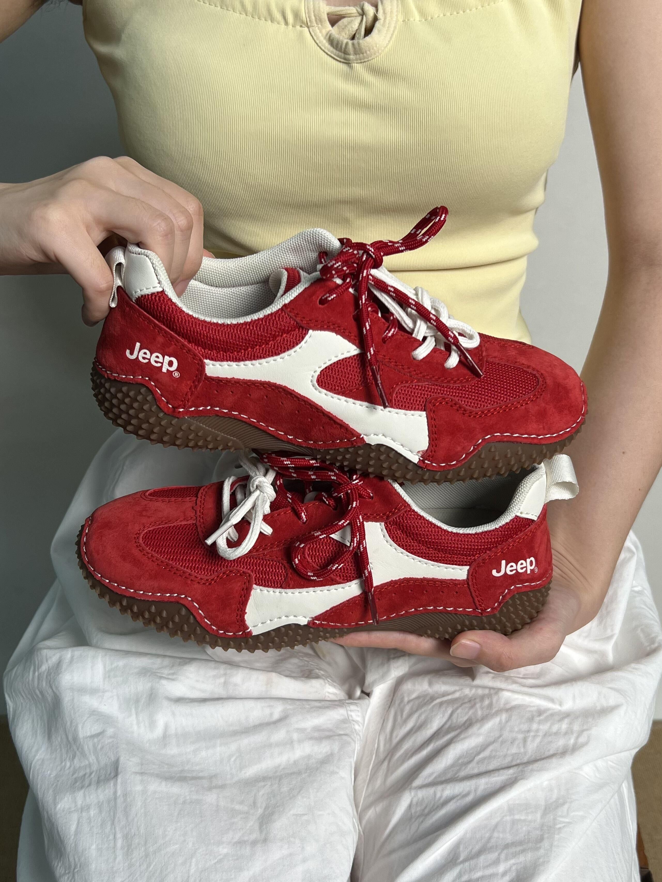 JEEP 吉普 雙鞋帶戶外慢跑鞋 運動鞋 網面 復古 透氣 麂皮 紅白色 活力紅 紅色 機能 女款/預購