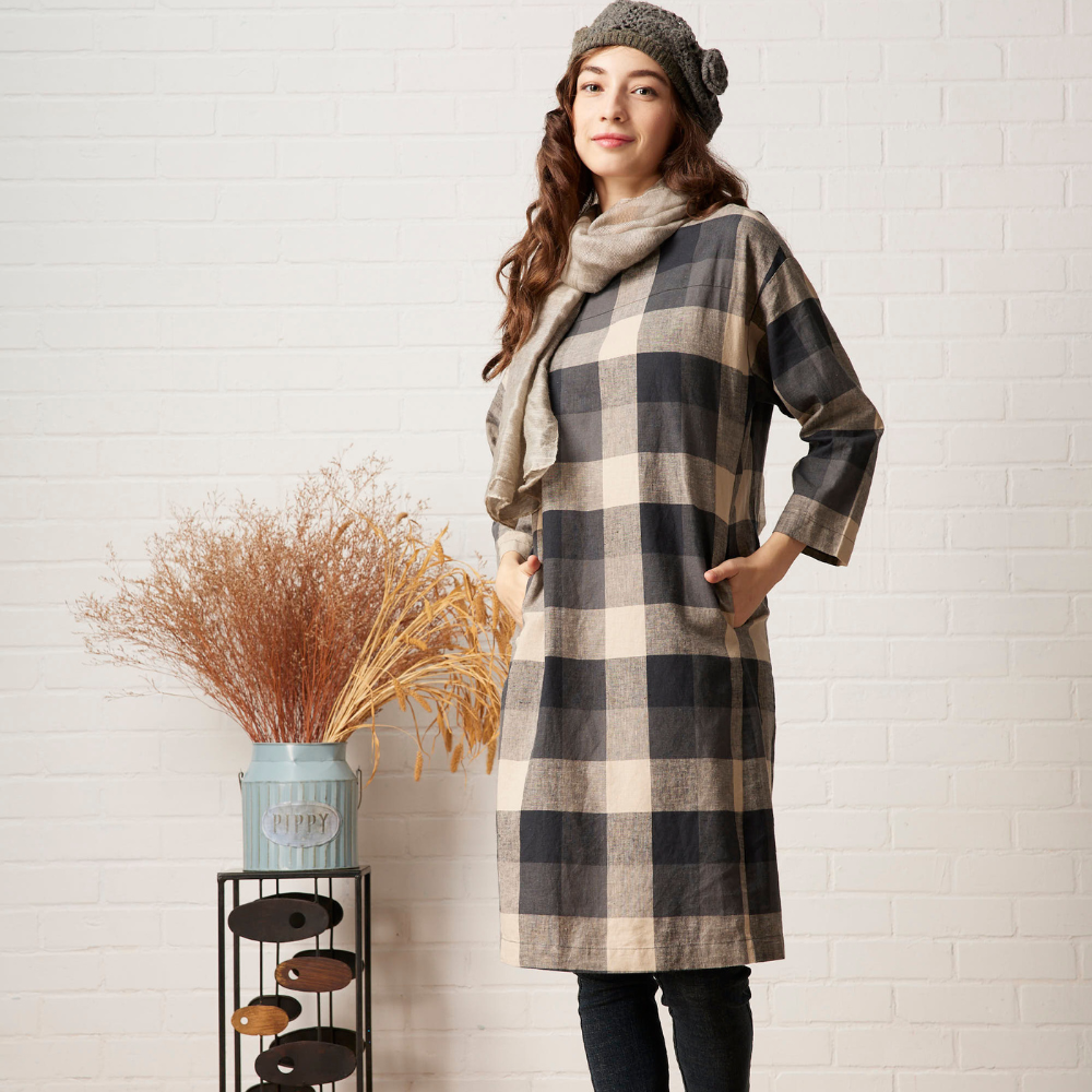 PIPPY氣質格紋棉麻圓領連身裙洋裝 黑