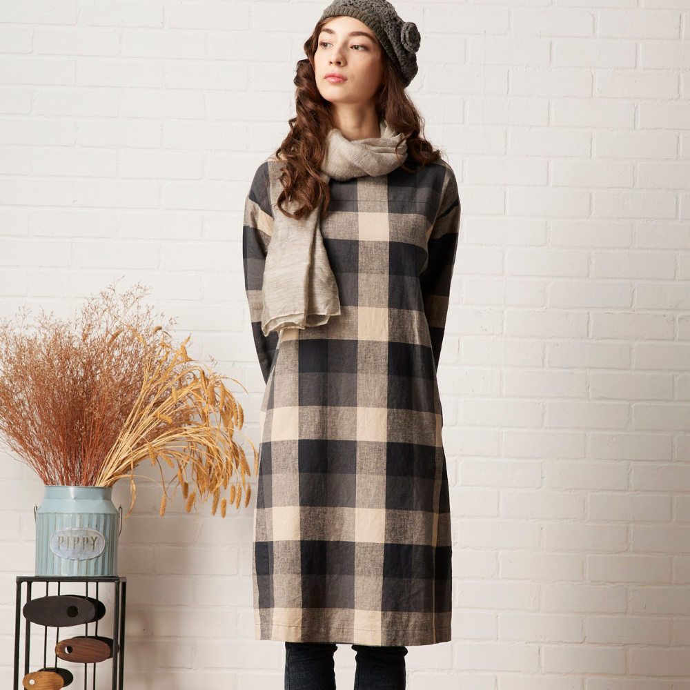 PIPPY氣質格紋棉麻圓領連身裙洋裝 黑