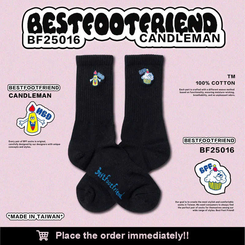 BFF Best foot friend Candleman 蠟燭人 刺繡 中筒襪 長襪【BF25016】