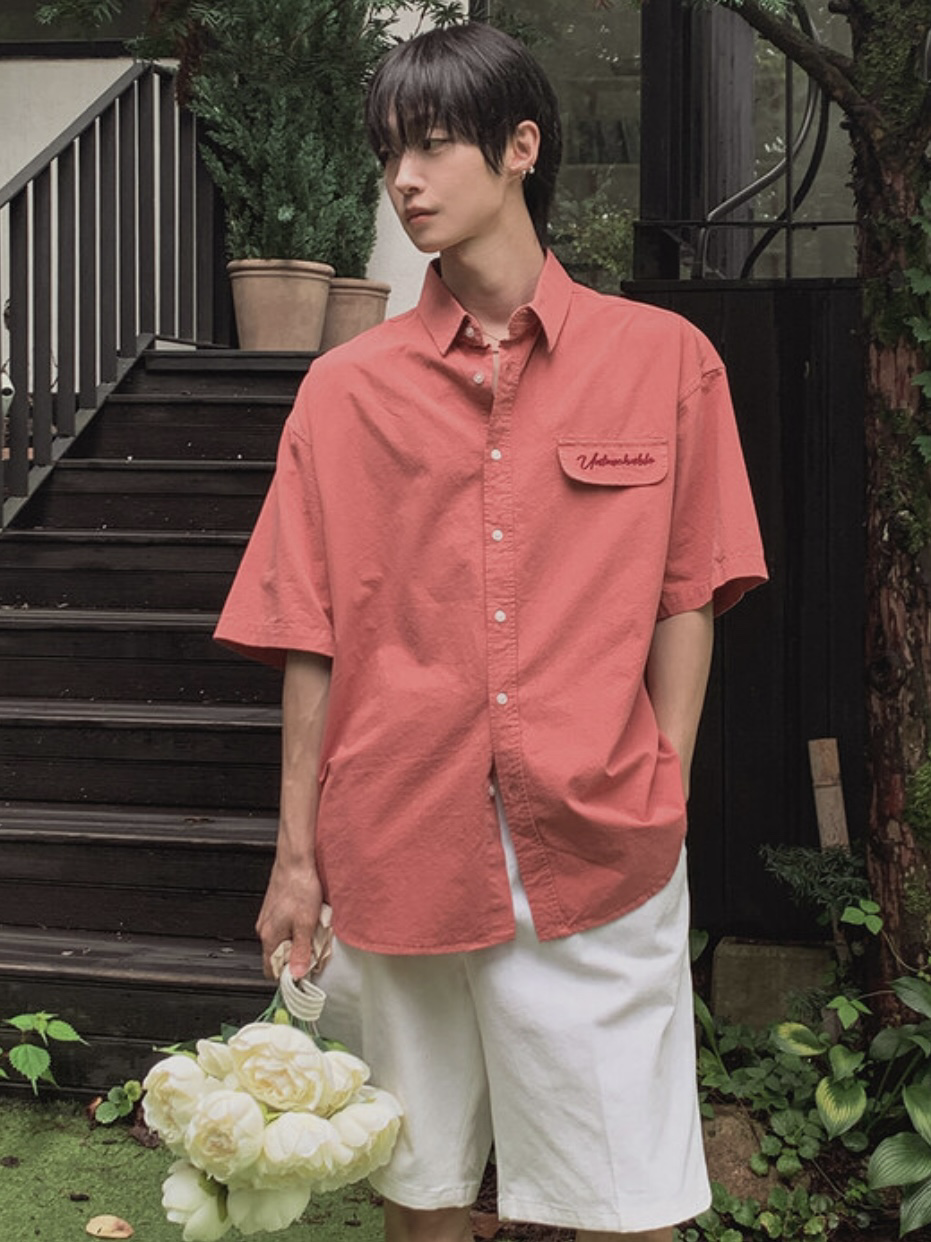 都市刺繡水洗短袖襯衫