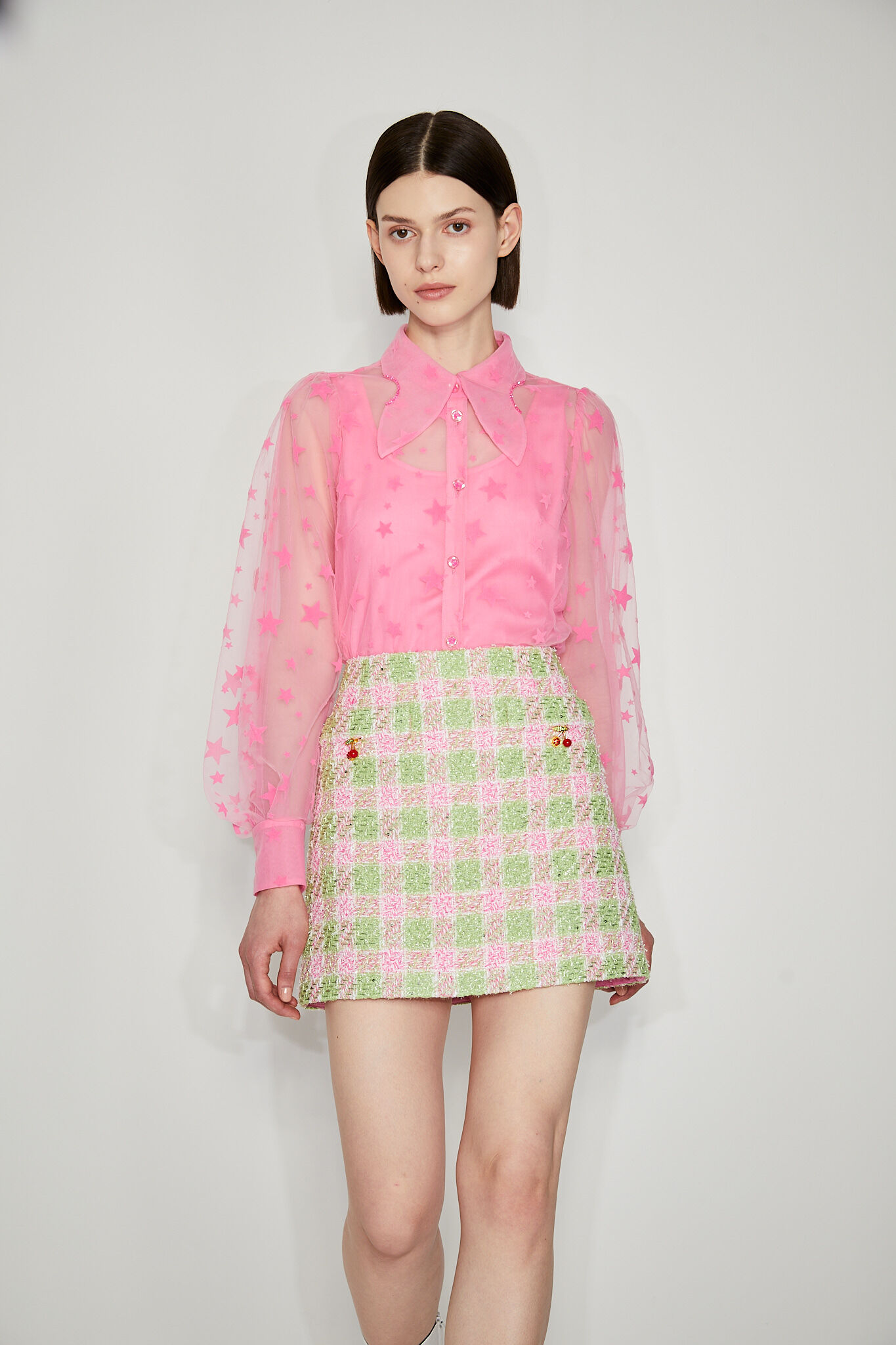 BC15103C1 粉綠水晶格紋小香短A裙 (附別針*2)