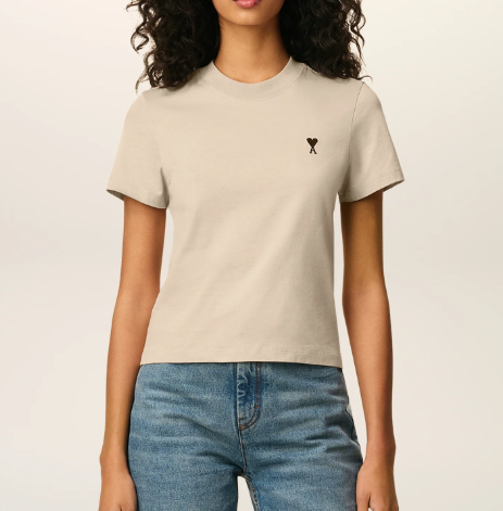 1LN0902-043 AMI White Cotton Cropped Ami De Coeur T-shirt Beige #FTS347-724-229 (C-BR-E)