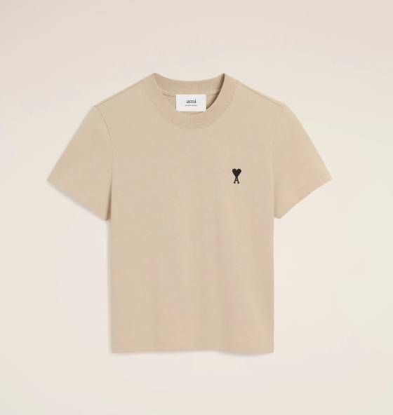 1LN0902-043 AMI White Cotton Cropped Ami De Coeur T-shirt Beige #FTS347-724-229 (C-BR-E)