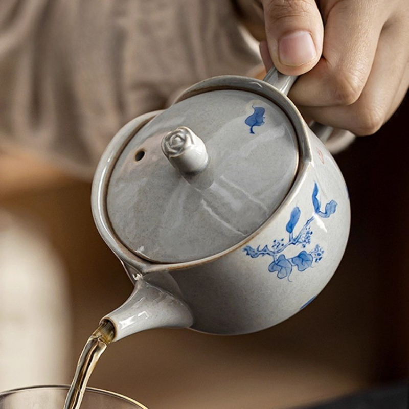 草木灰手繪花與茶壺【D1】