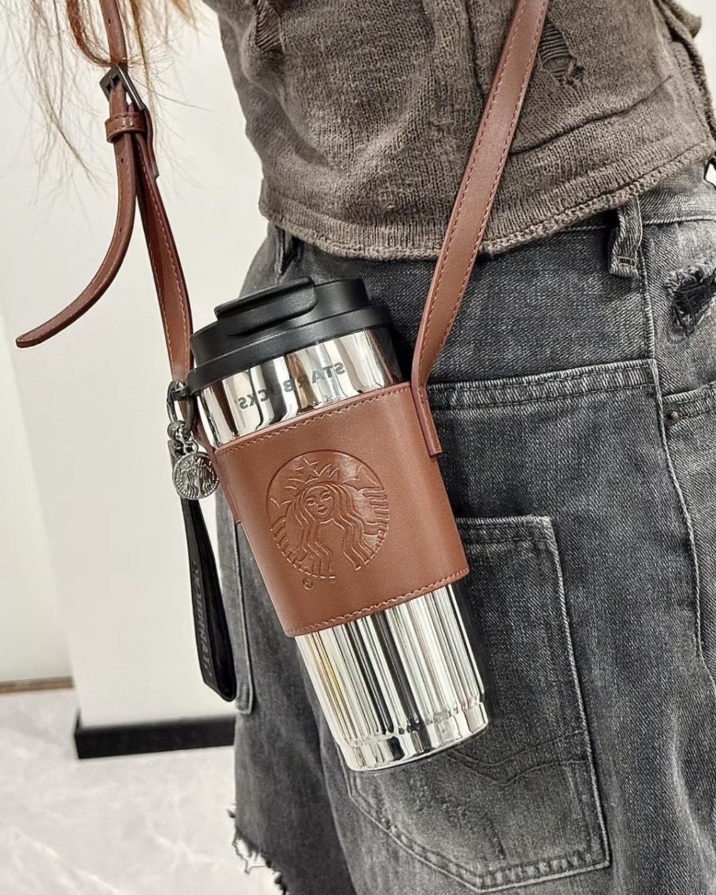 STARBUCKS 星巴克 復古鏡面杯身 保溫杯 470ML 含皮革棕杯套
