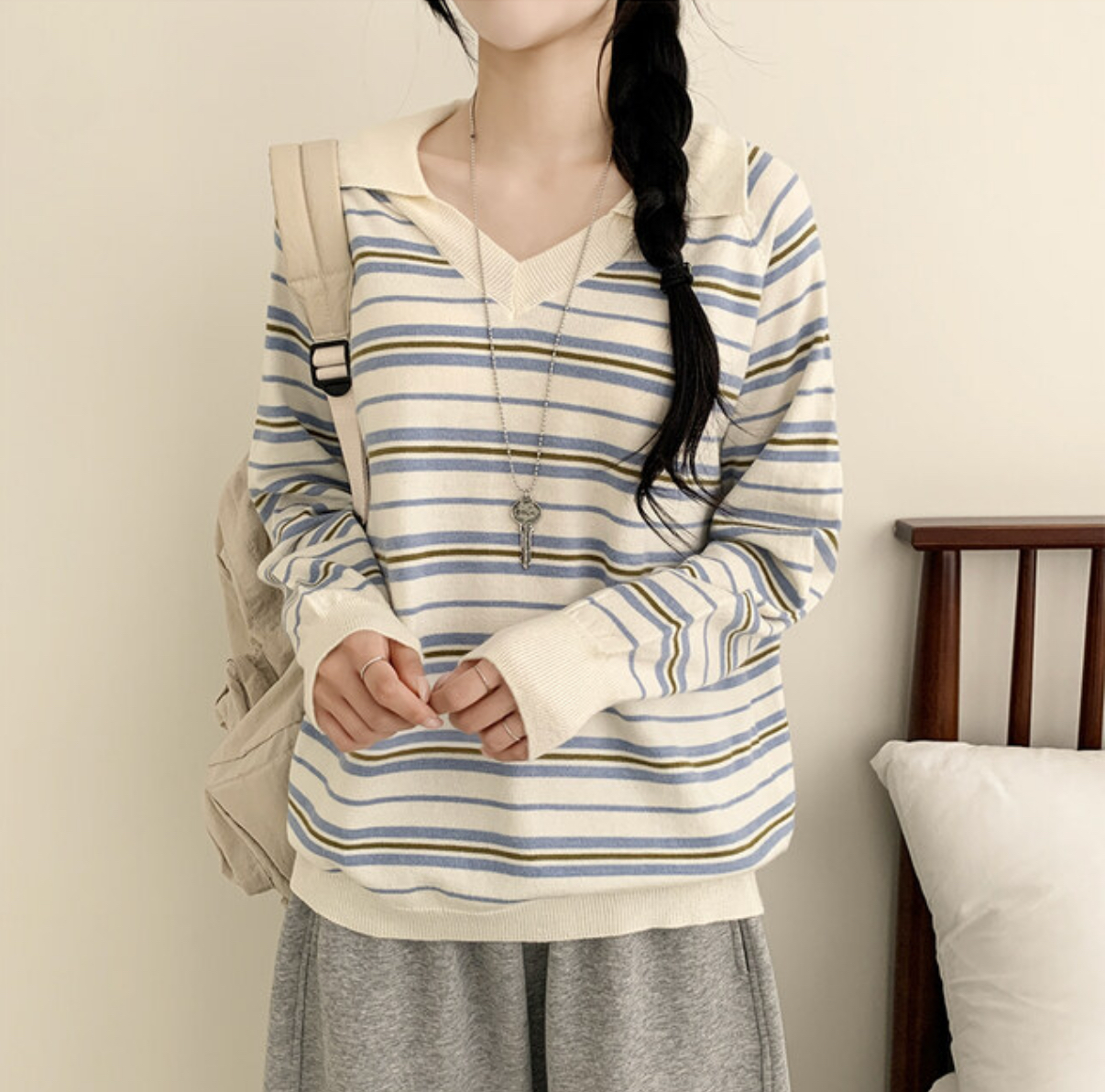 KR STRIPED COLLAR KNIT TOP (3 COLORS)