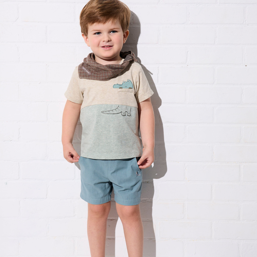 PIPPY 休閒小帆船刺繡棉麻短褲 藍綠