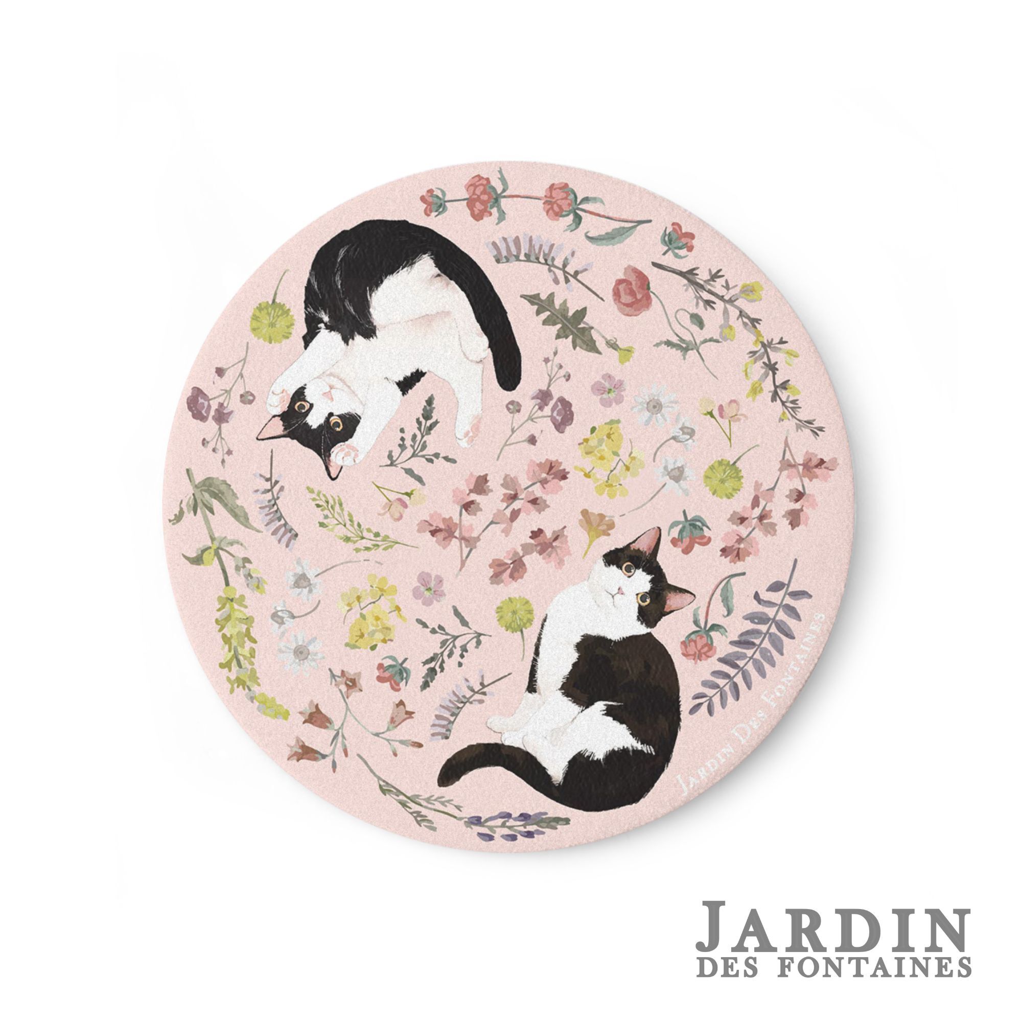 JARDIN DES FONTAINES yogis cat and flower pink floral ceramic  coaster