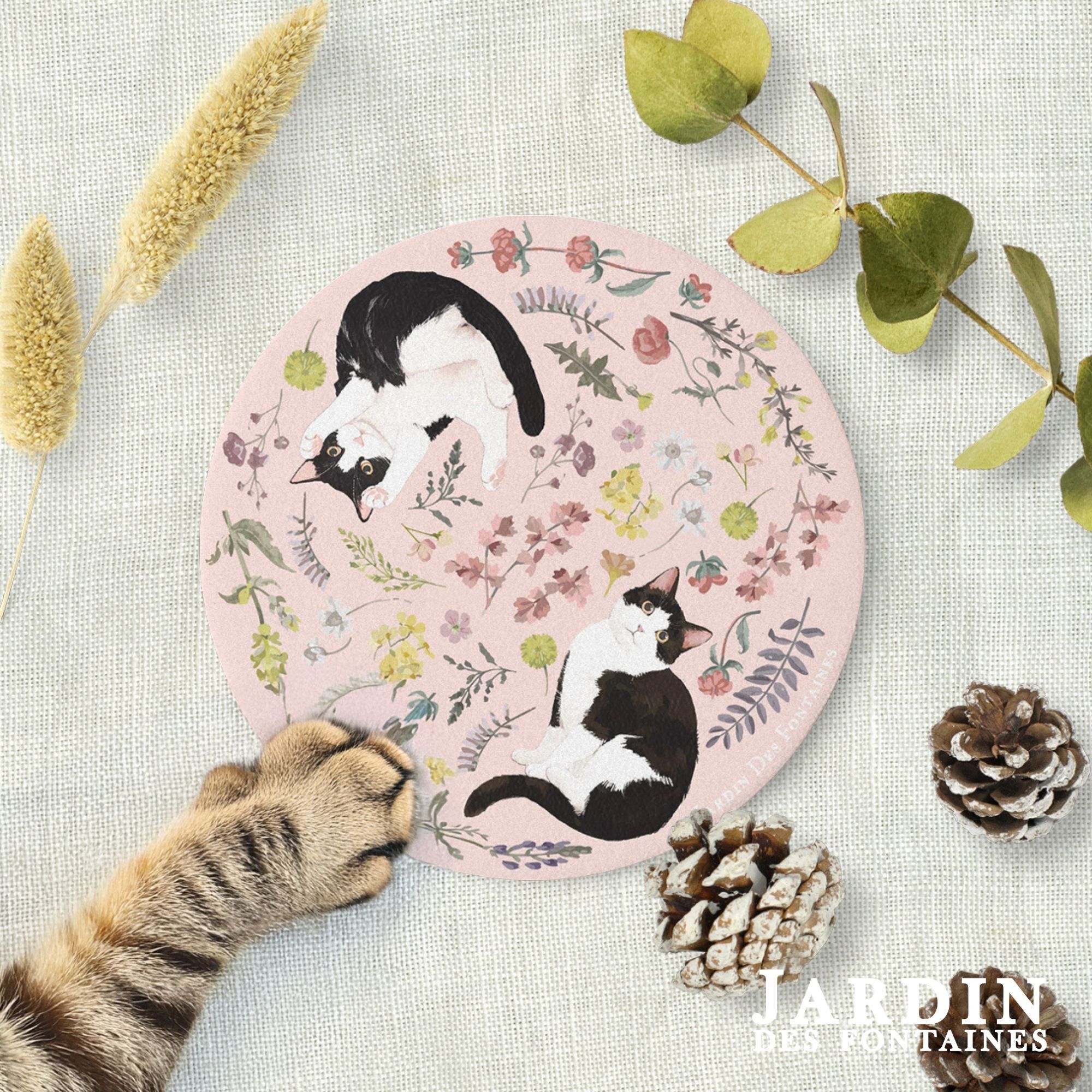 JARDIN DES FONTAINES yogis cat and flower pink floral ceramic  coaster