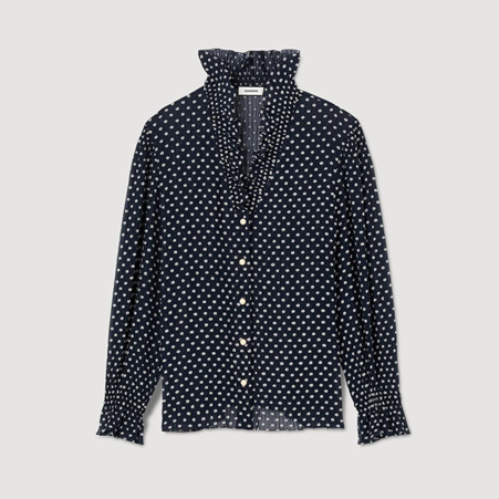 1SD0828-090 (Defect) SANDRO Patterned Polka Dot Blouse Marine #SFPCM01002 (C-BR-E)