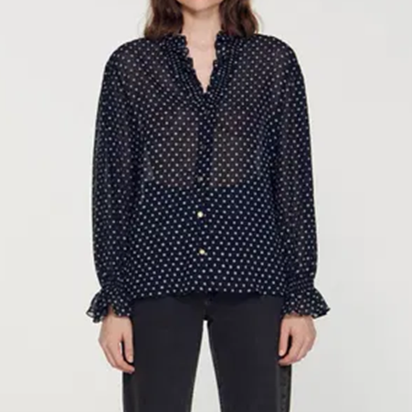 1SD0828-090 (Defect) SANDRO Patterned Polka Dot Blouse Marine #SFPCM01002 (C-BR-E)