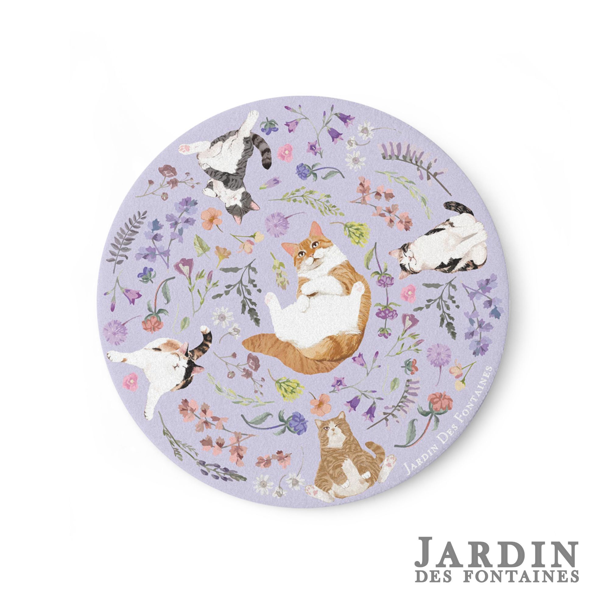 JARDIN DES FONTAINES yogis cat and flower purple floral ceramic coaster