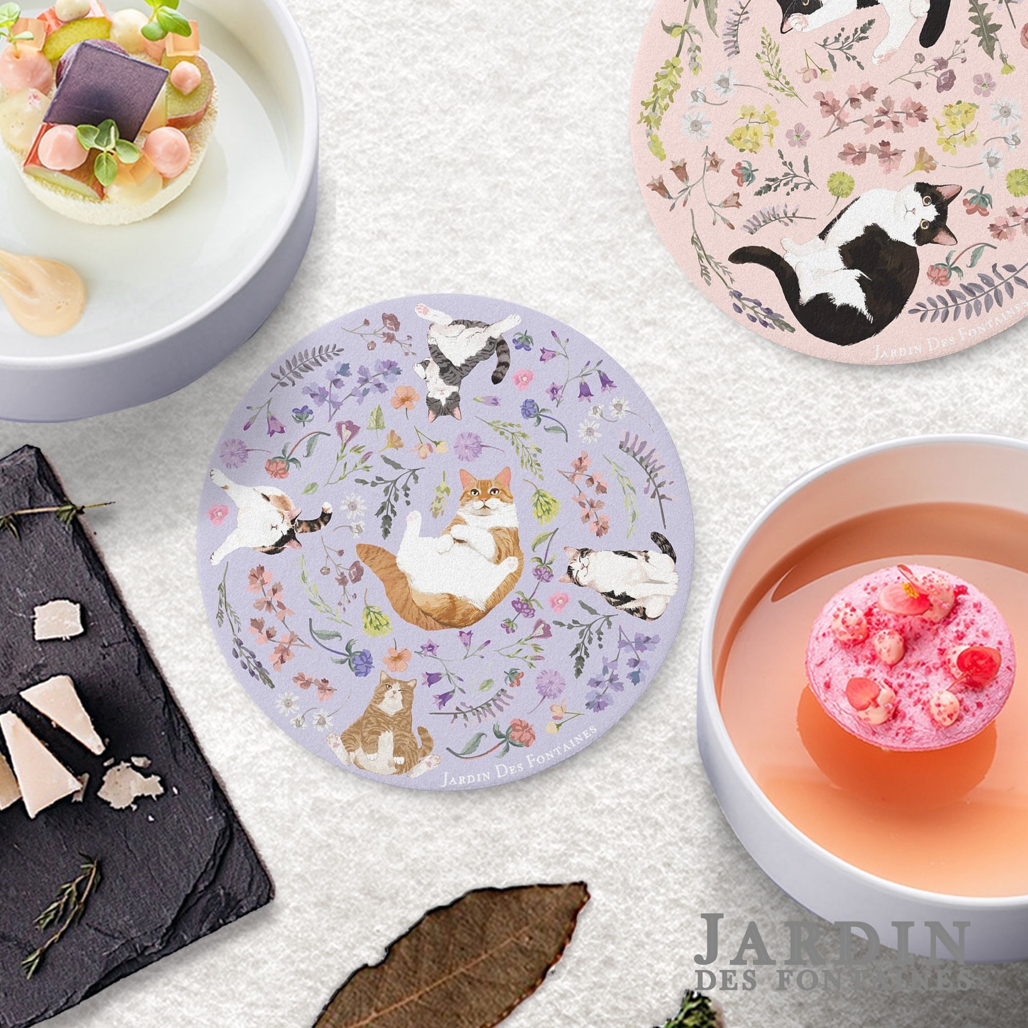 JARDIN DES FONTAINES yogis cat and flower purple floral ceramic coaster