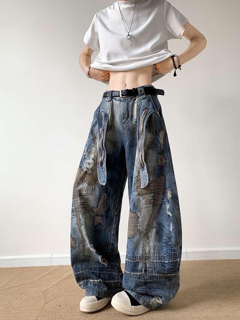 重工閃電刺繡褲