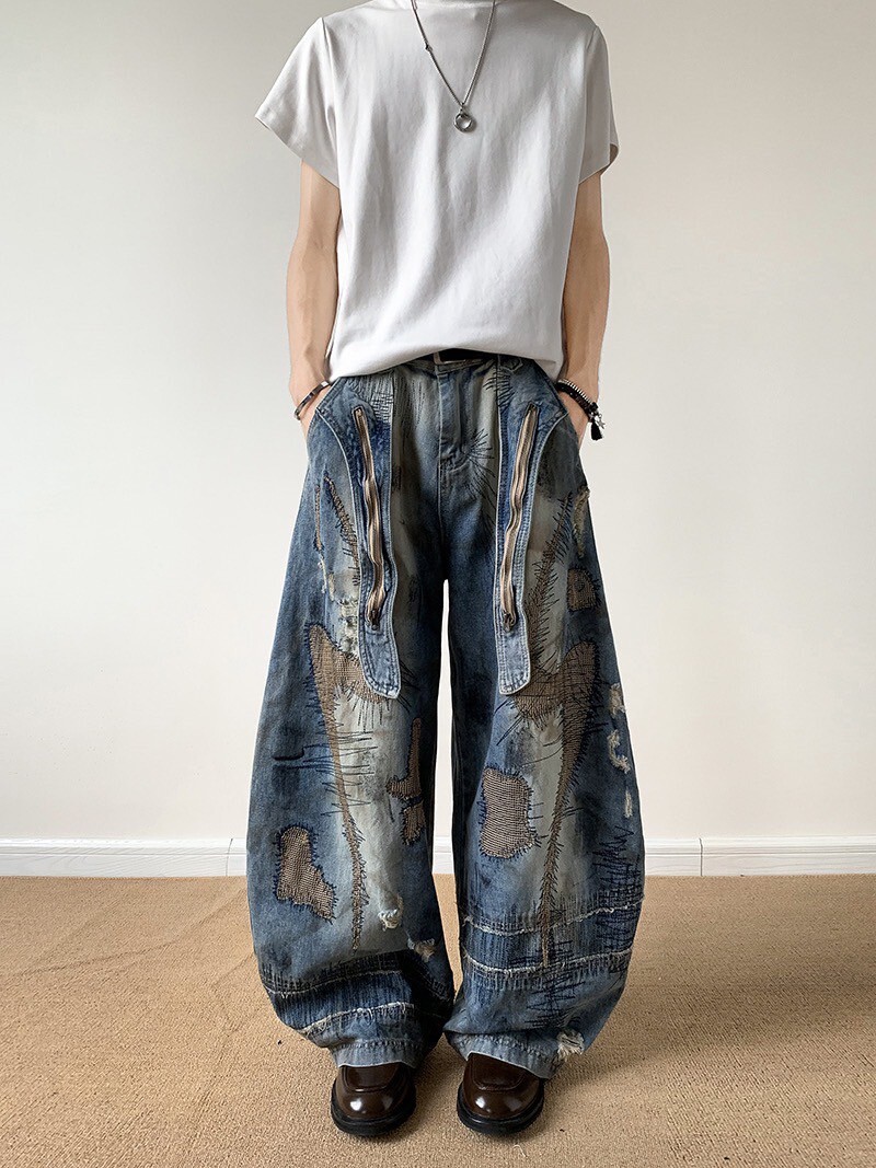 重工閃電刺繡褲