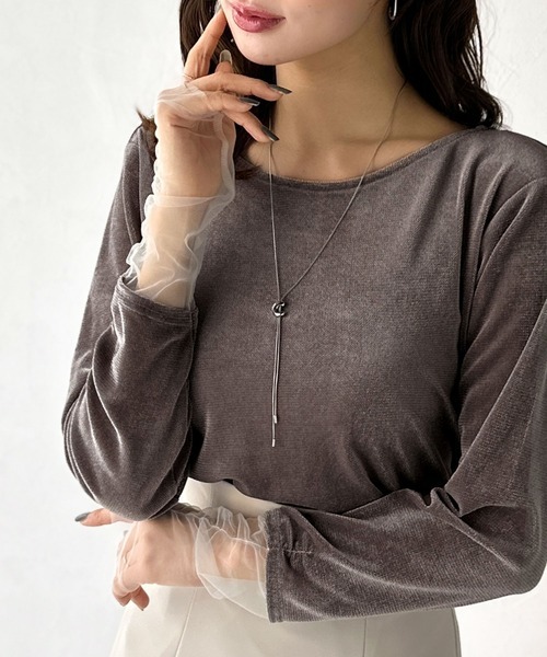 日本🇯🇵連線 Mily Bilet 薄紗拼接絲絨上衣 絲絨材質 皺褶薄紗 拼接 長袖 套頭衫 內搭 3色(任買兩件711免運)/預購