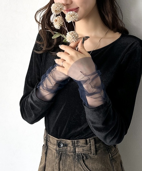 日本🇯🇵連線 Mily Bilet 薄紗拼接絲絨上衣 絲絨材質 皺褶薄紗 拼接 長袖 套頭衫 內搭 3色(任買兩件711免運)/預購