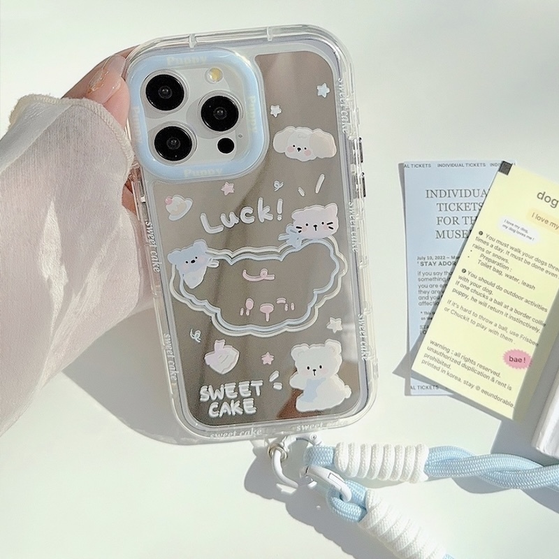 《08281》藍系鏡面線條熊熊手機殼(含掛繩)