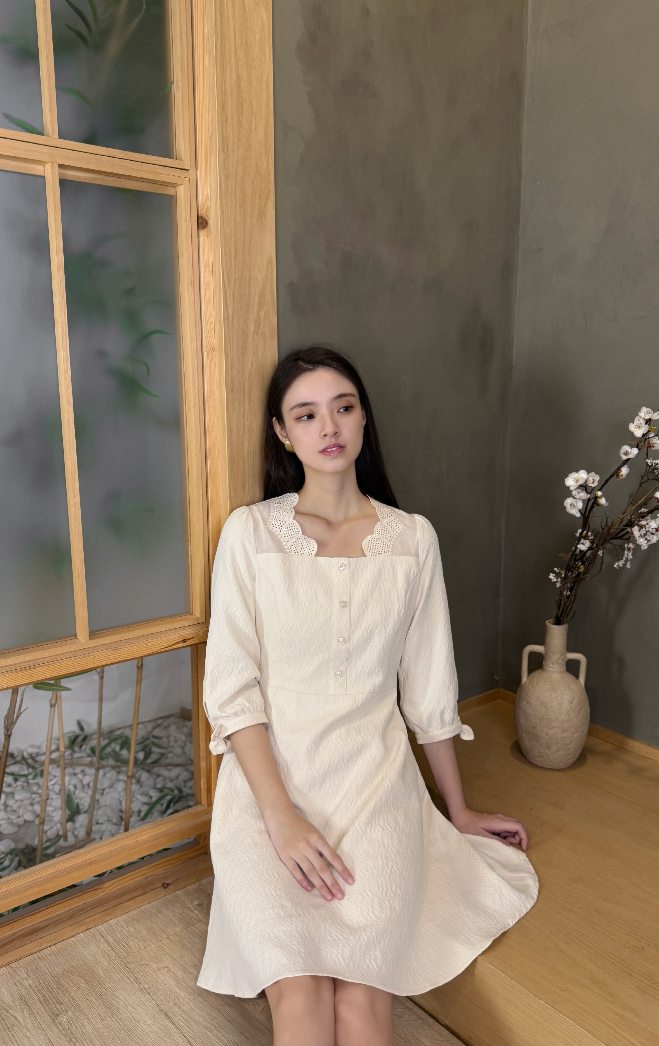 花邊領中袖連衣裙 OP0569