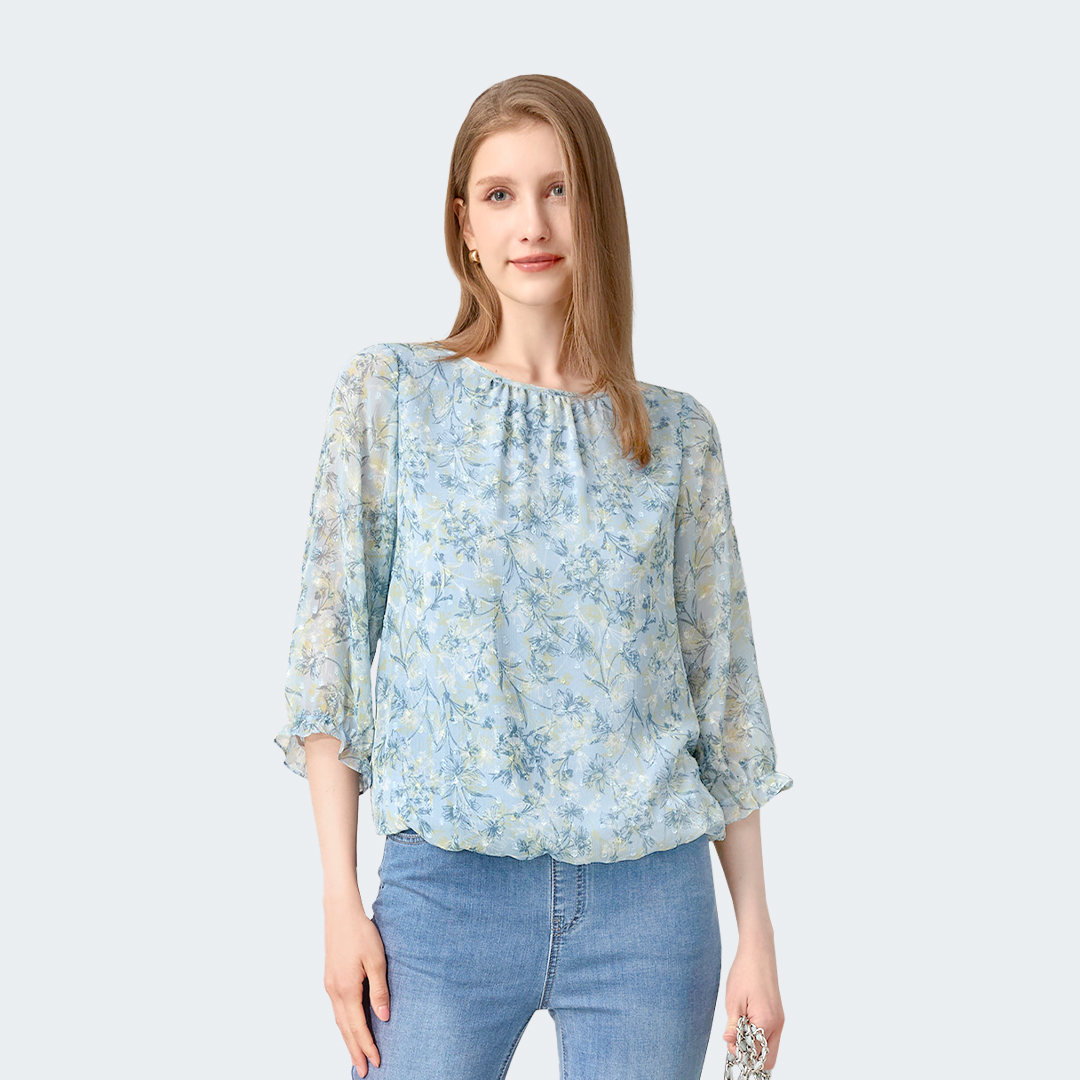 輕盈花影雪紡七分袖上衣