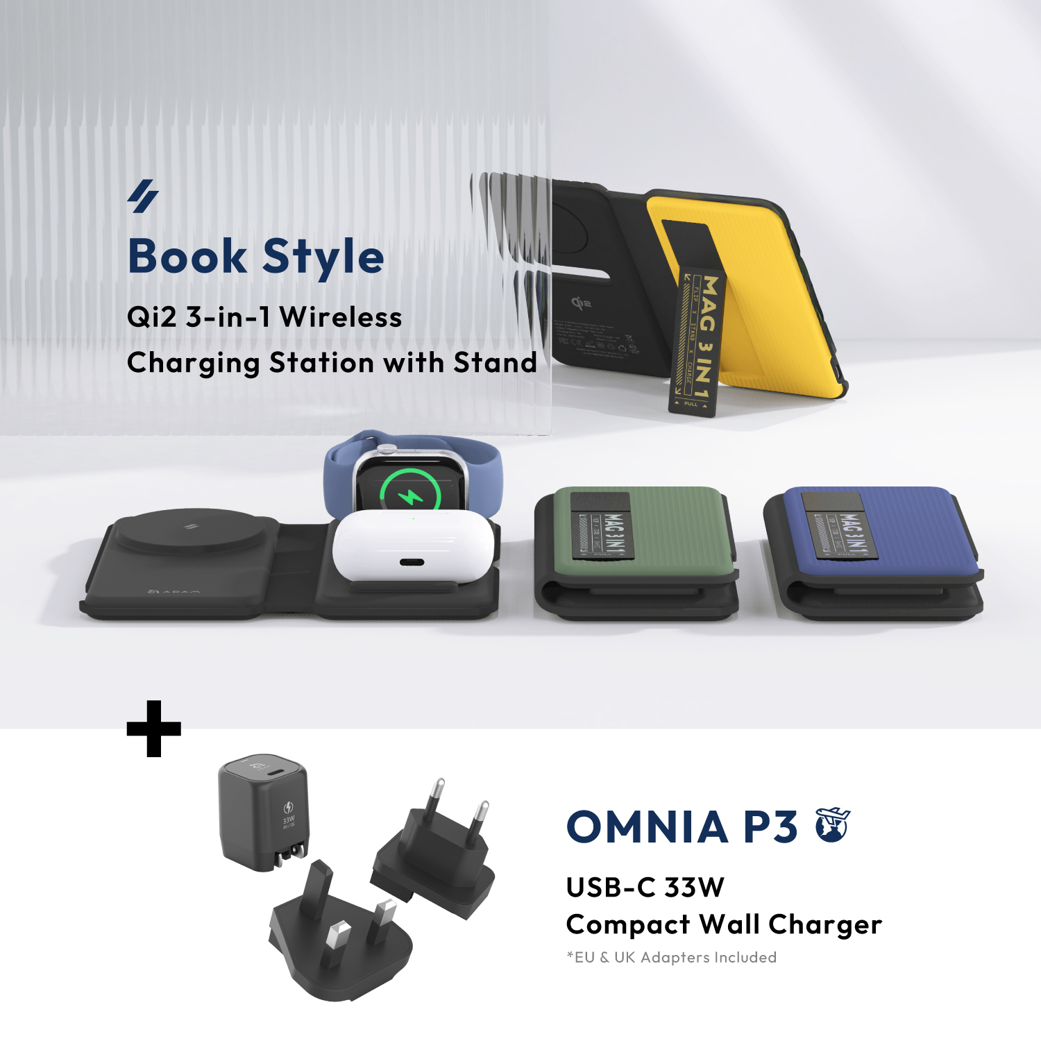 Mag Book Qi2 3-in-1 Wireless Charging Station with Stand + OMNIA P3 USB-C 33W Compact Wall Charger