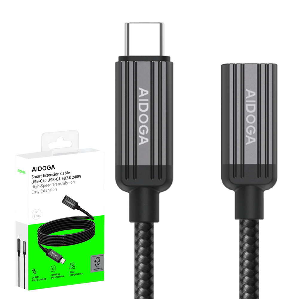 AIDOGA 艾迪伽 USB-C 母 轉 Type-C PD 轉接延長充電傳輸線 240W快充 QC5.0 鋼鐵 1M
