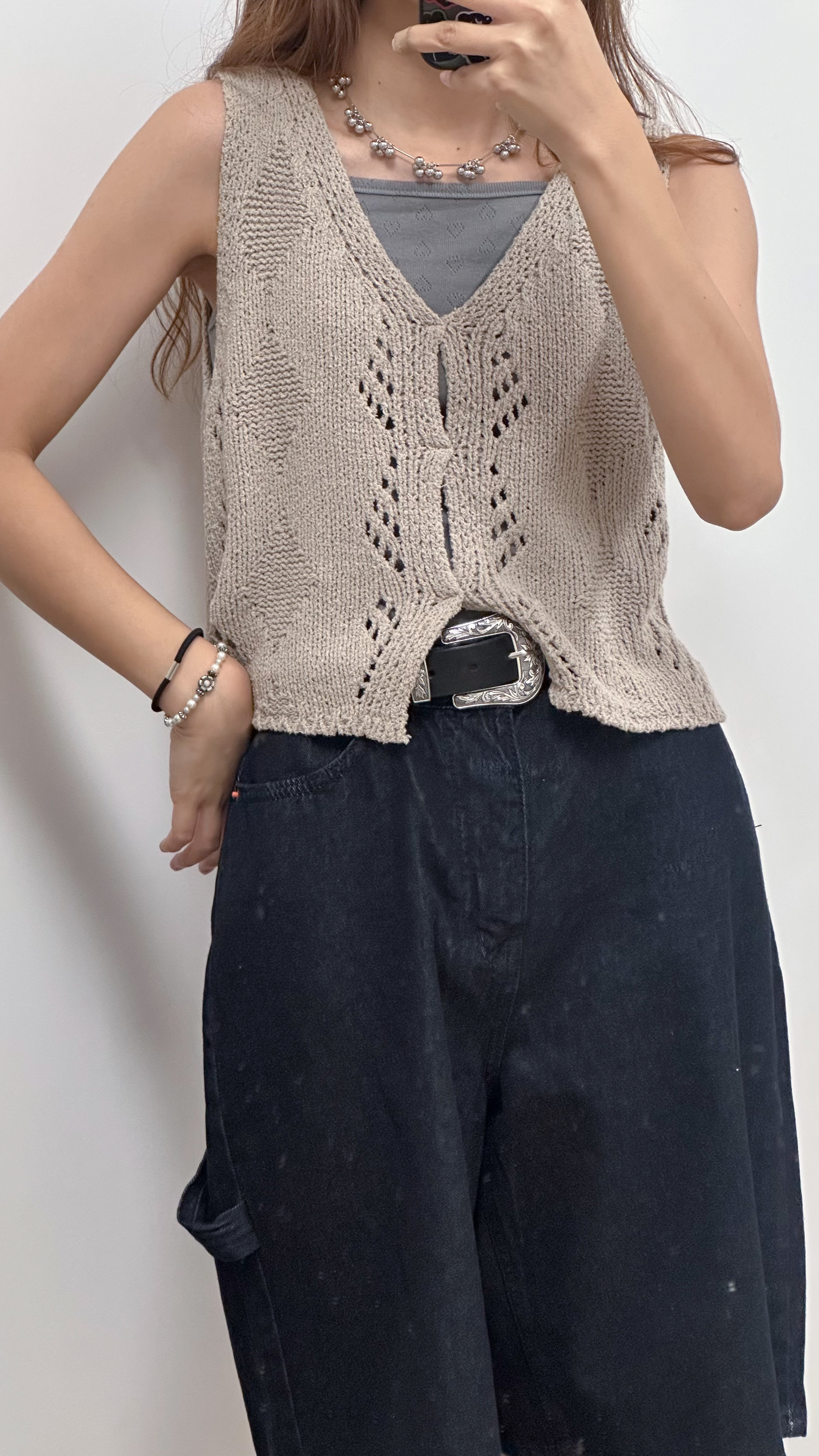 杏色針織鏤空冷背心