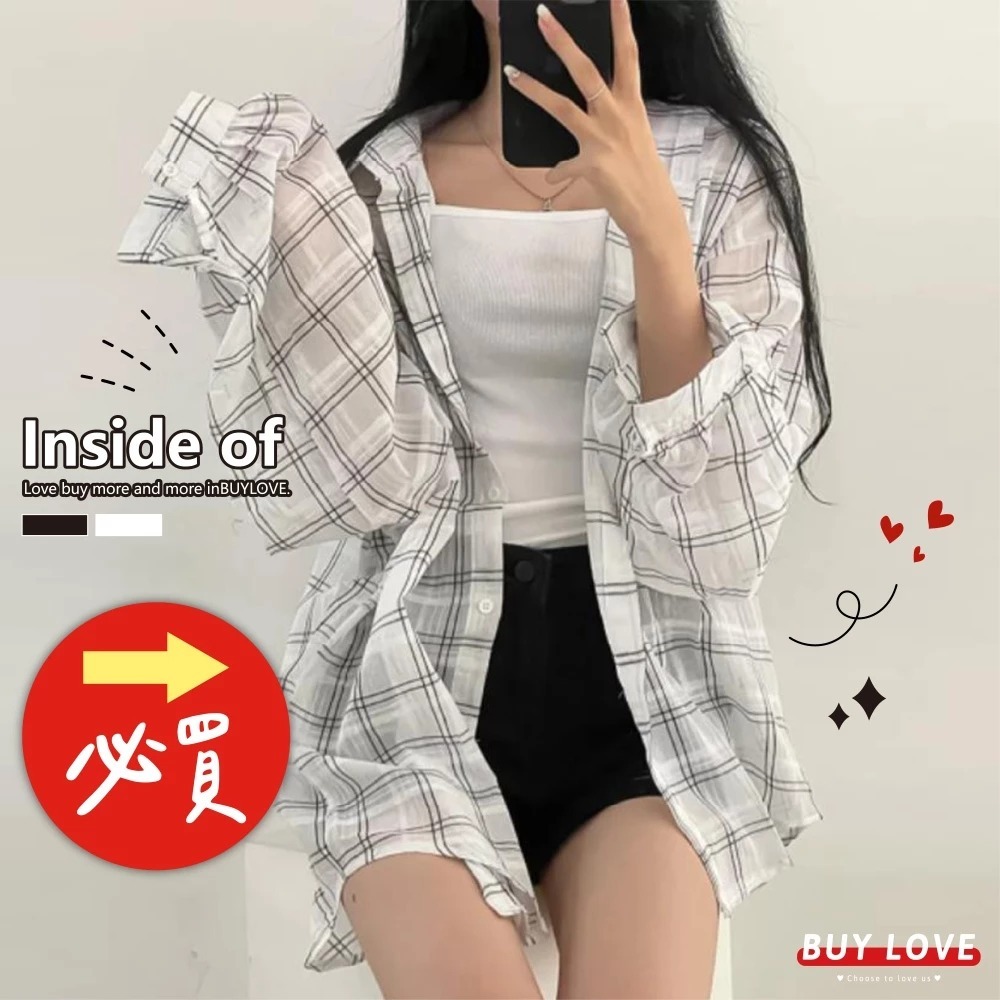 【直播】BL082904 BuyLove 寬鬆格子透膚罩衫