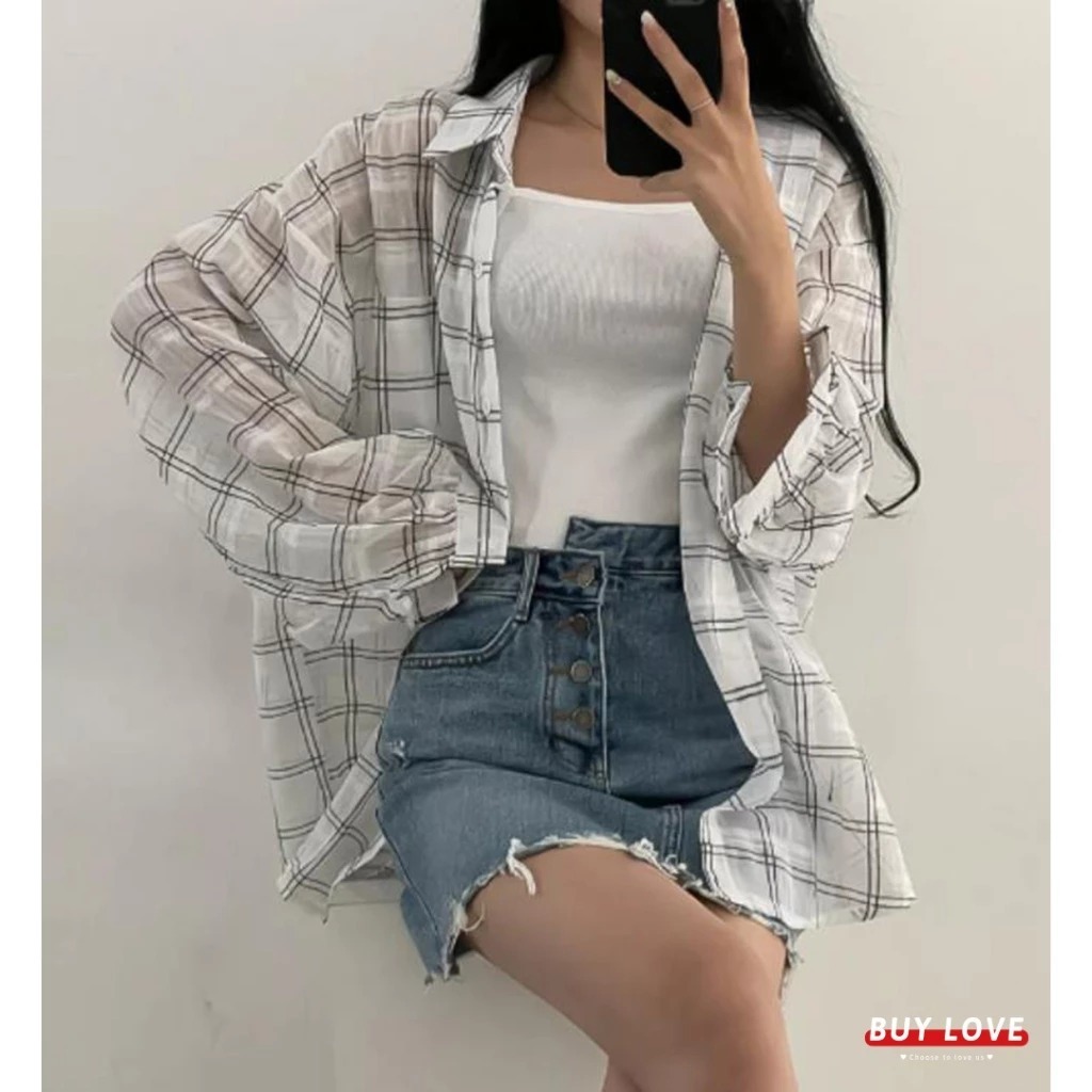 【直播】BL082904 BuyLove 寬鬆格子透膚罩衫