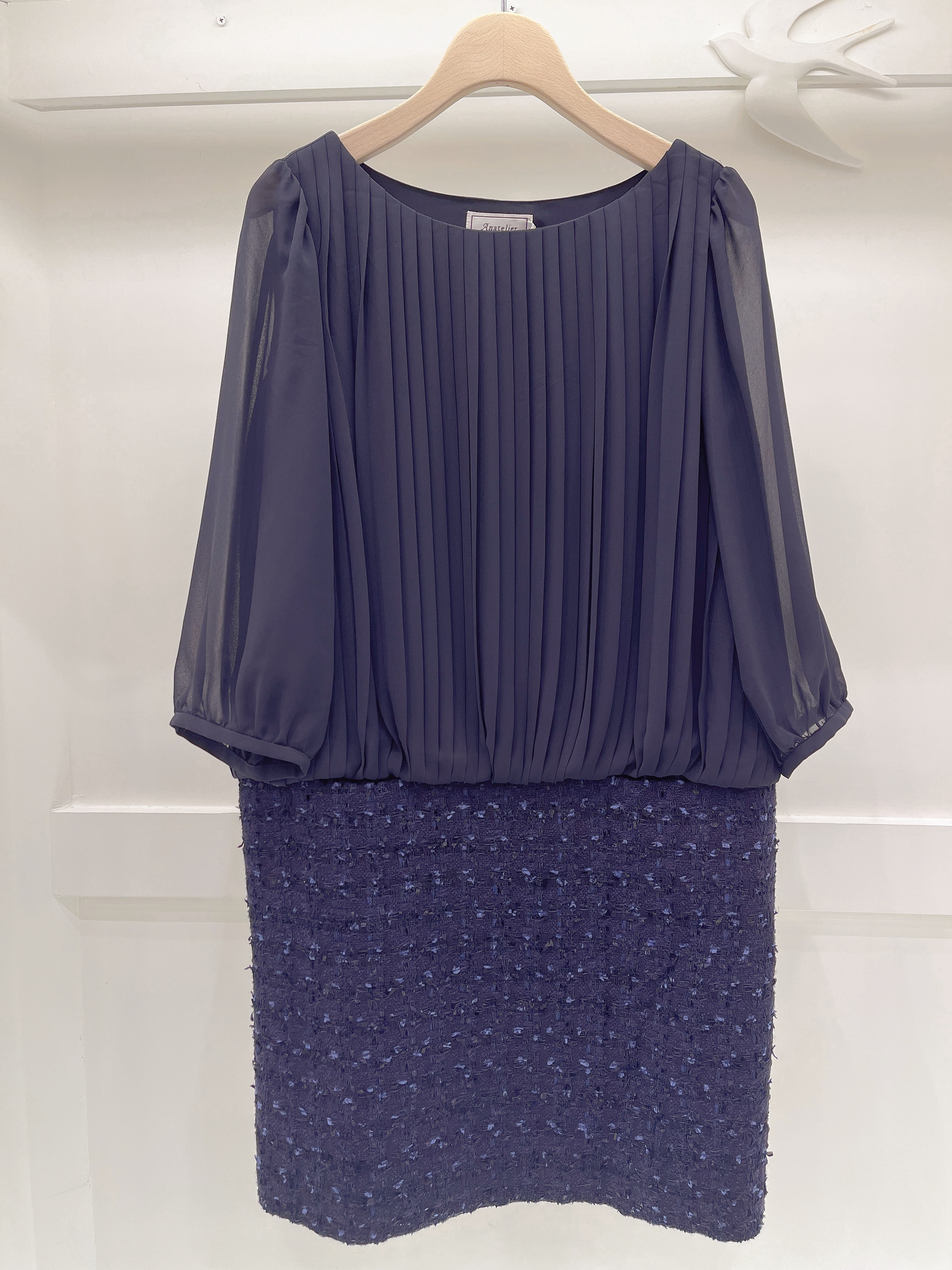 百褶雪紡下軟呢洋裝