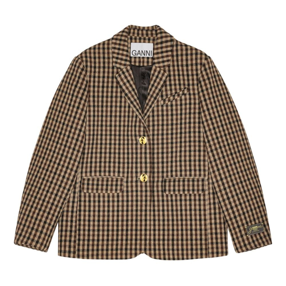 1LN0902-050 GANNI Gingham Check Buttoned Blazer Brown #W0426-979 (C-BR-E)