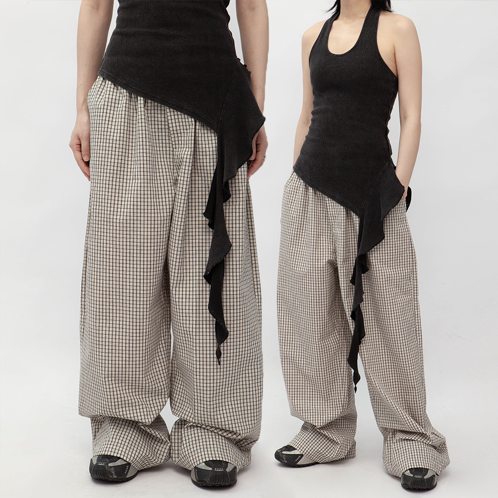 簡約細格紋鬆緊休閒褲