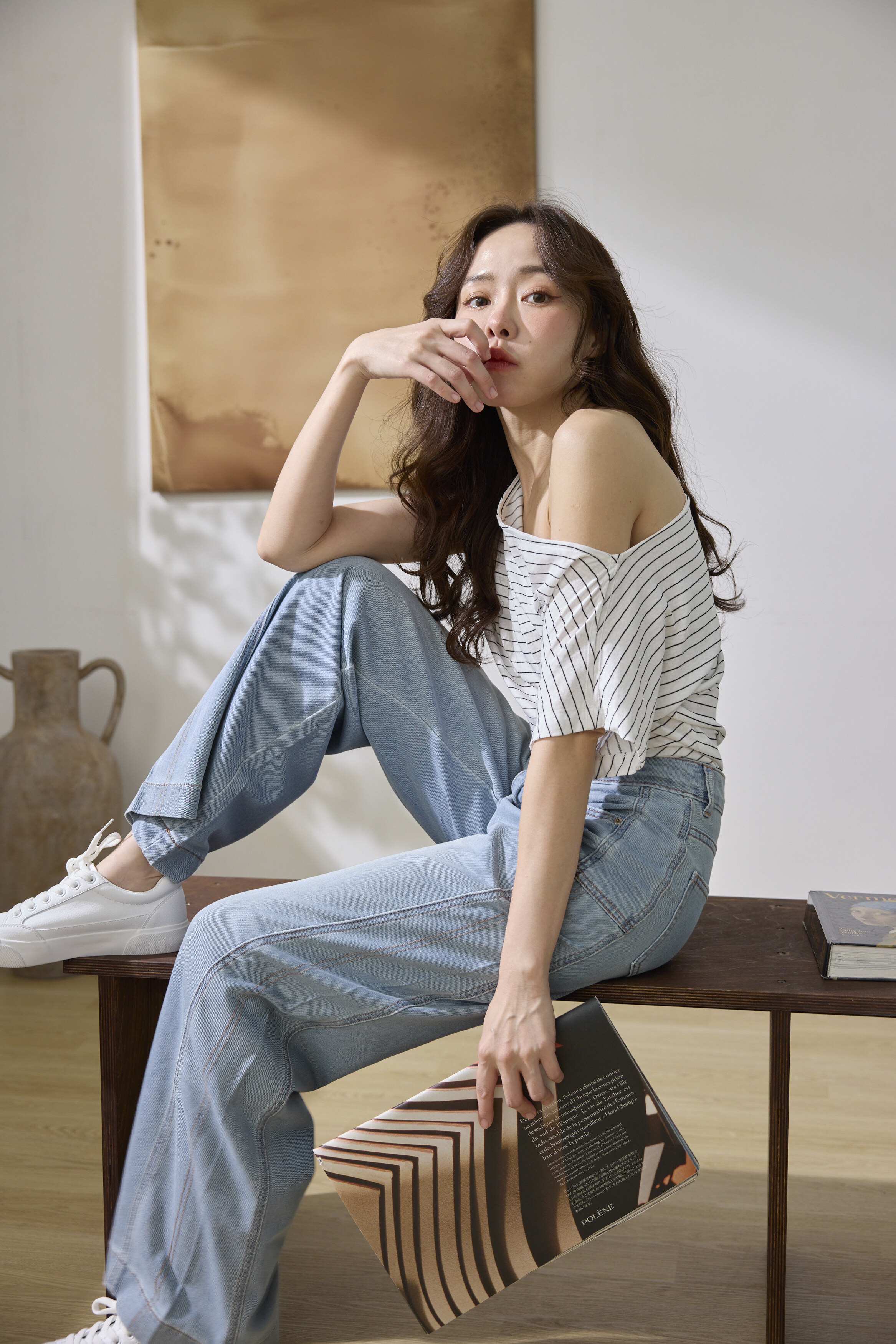 條紋斜肩舒適上衣