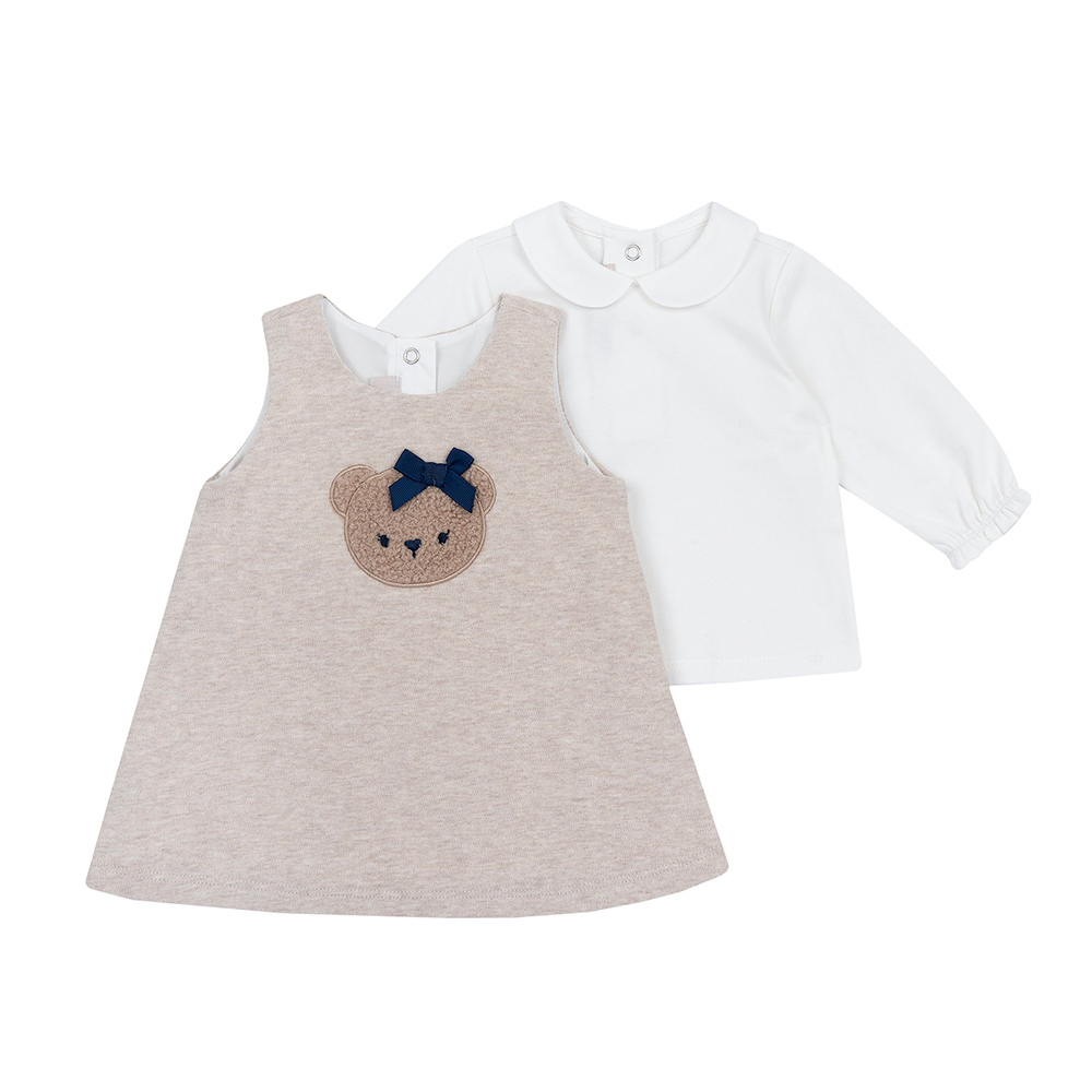 泰迪公主-麻花毛巾繡小熊兩件式背心洋裝套裝