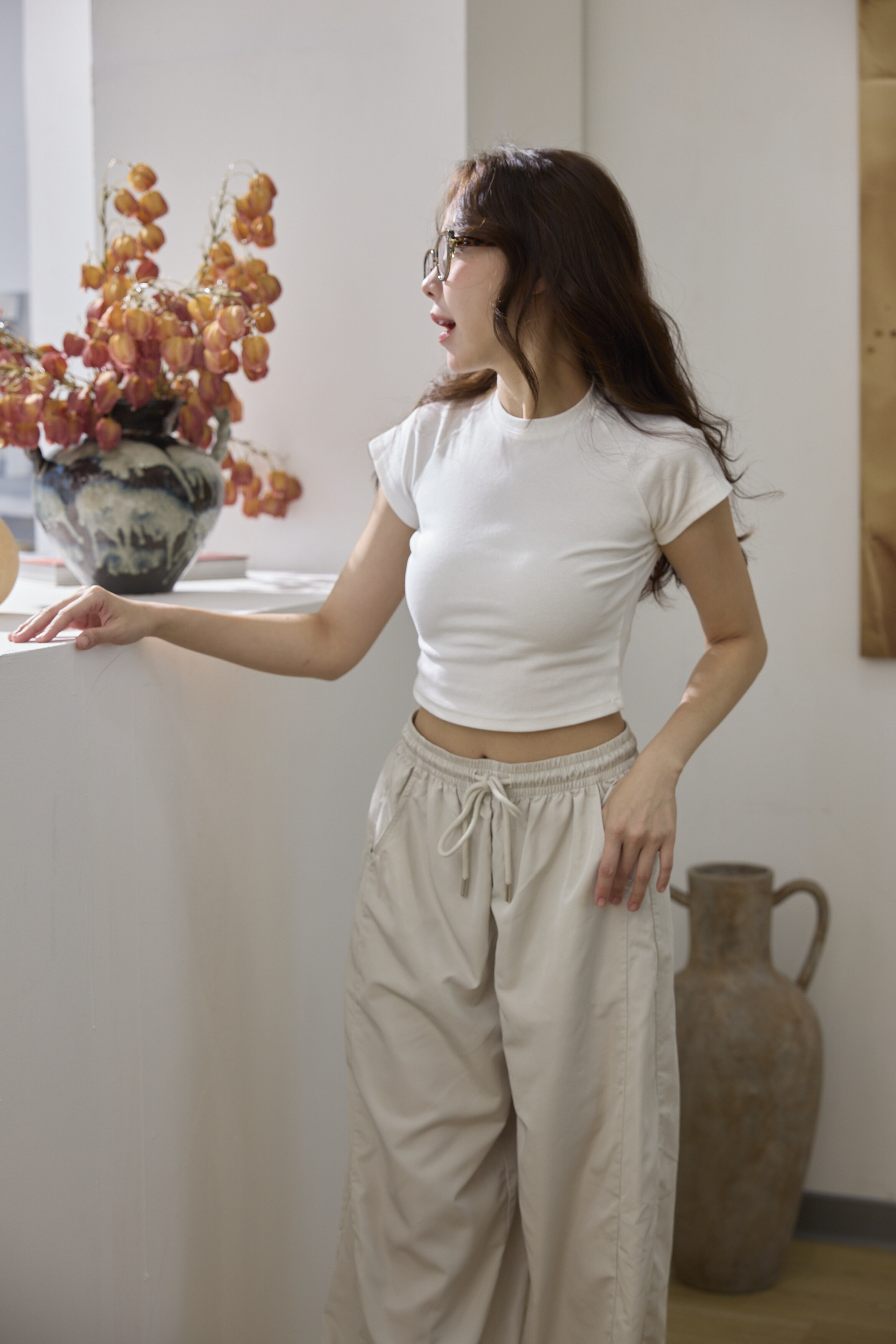 空氣感抽繩褲-奶杏