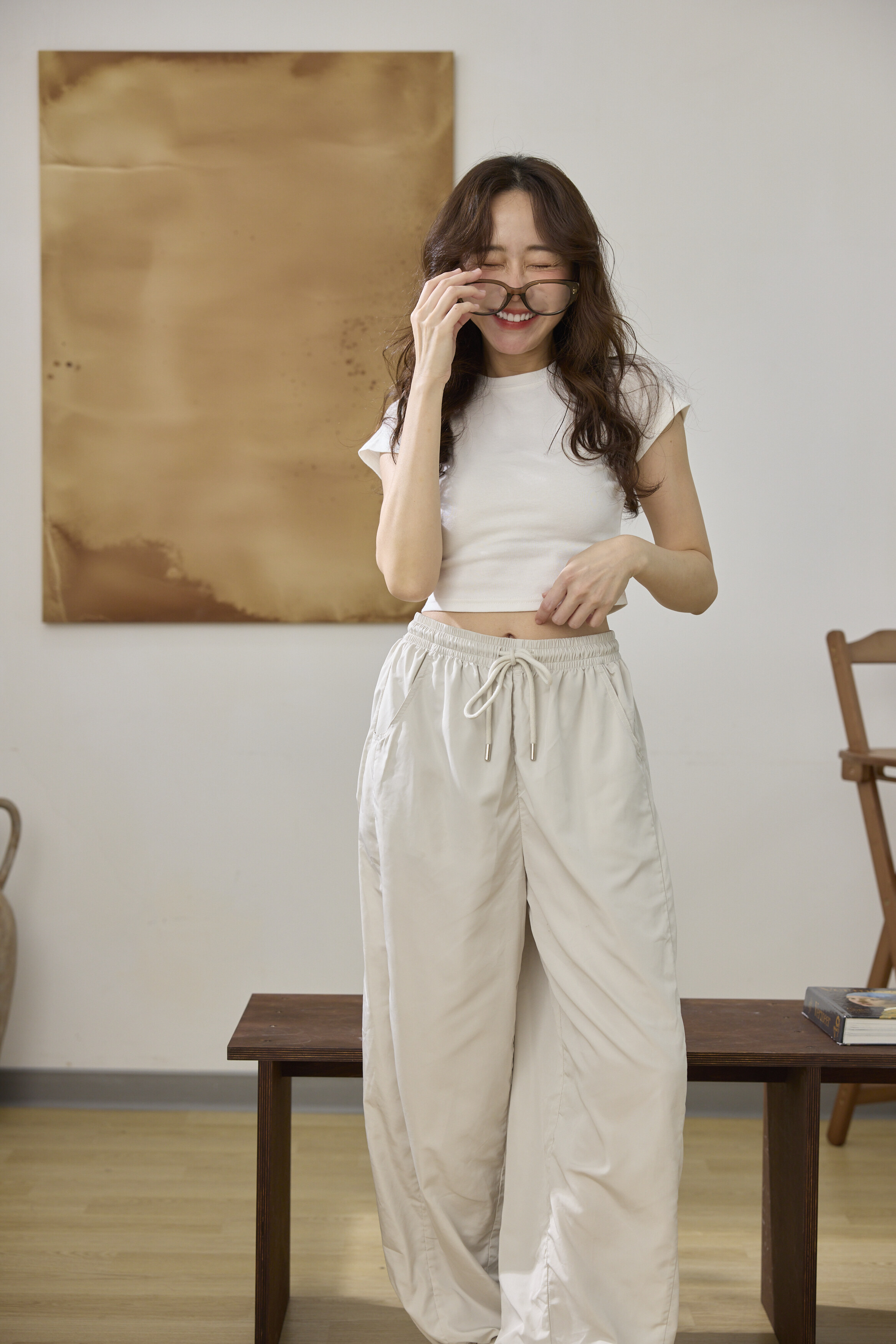 空氣感抽繩褲-奶杏