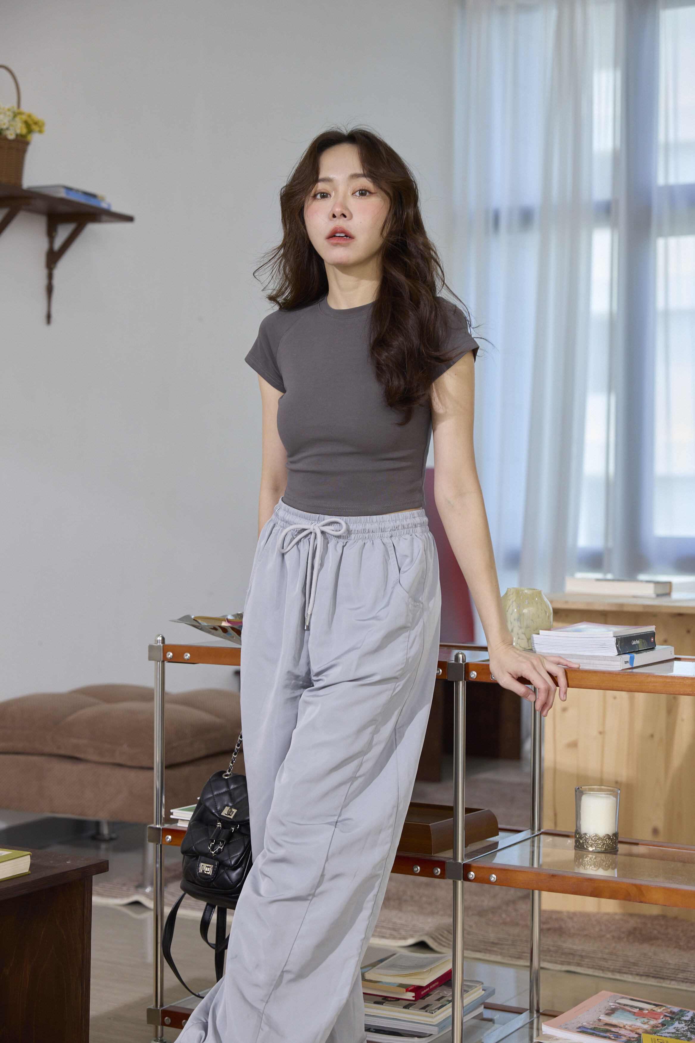 空氣感抽繩褲-灰藍