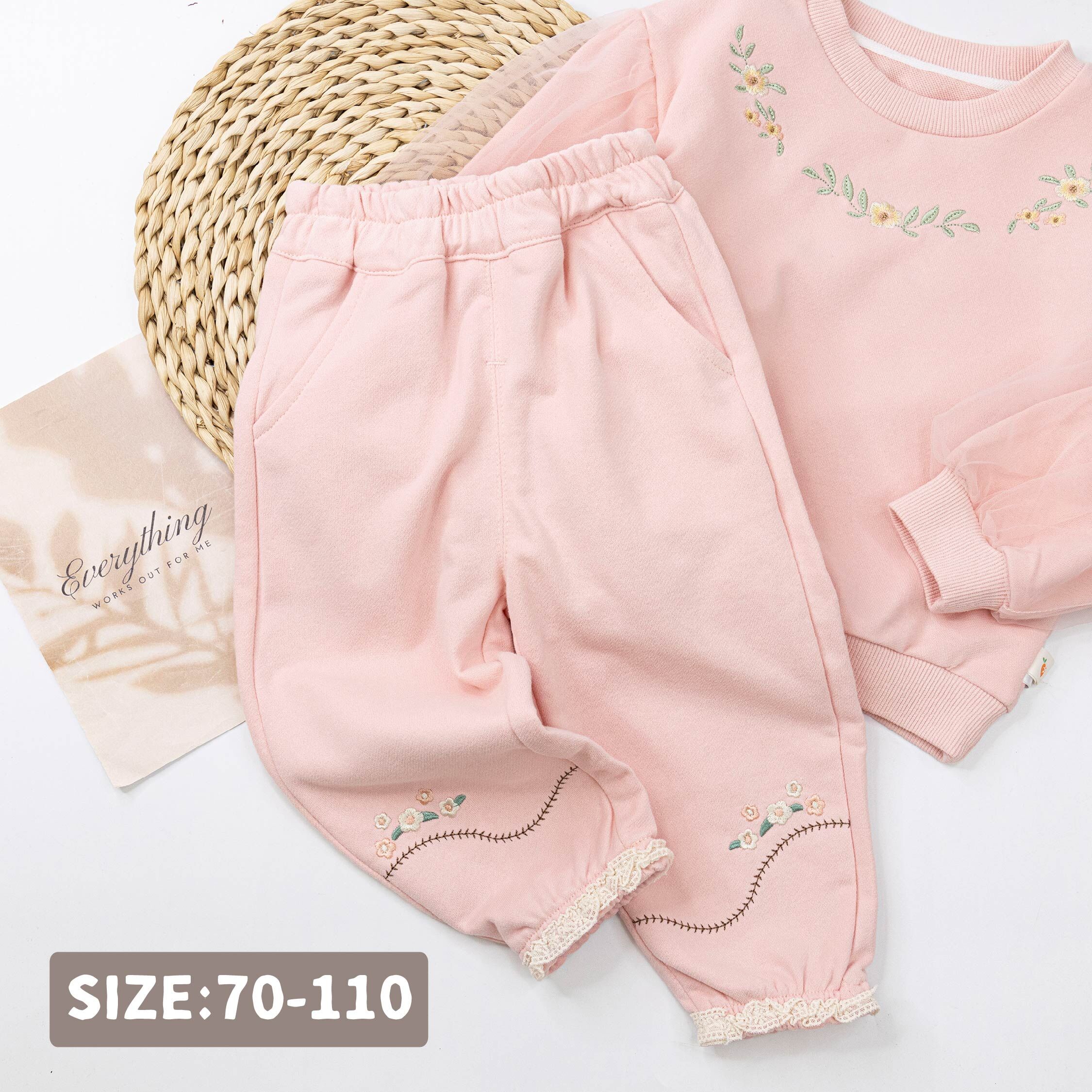 【H55332】甜甜花卉刺繡蕾絲拼接縮口褲