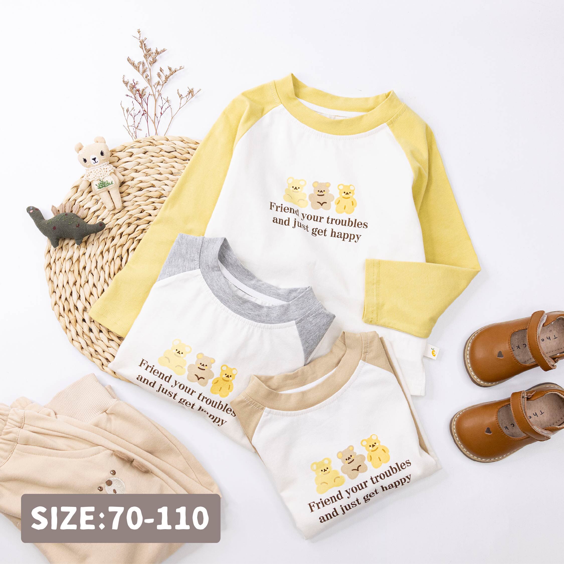 【H55328】QQ小熊軟糖舒適拼接袖上衣/內搭衣＊三色