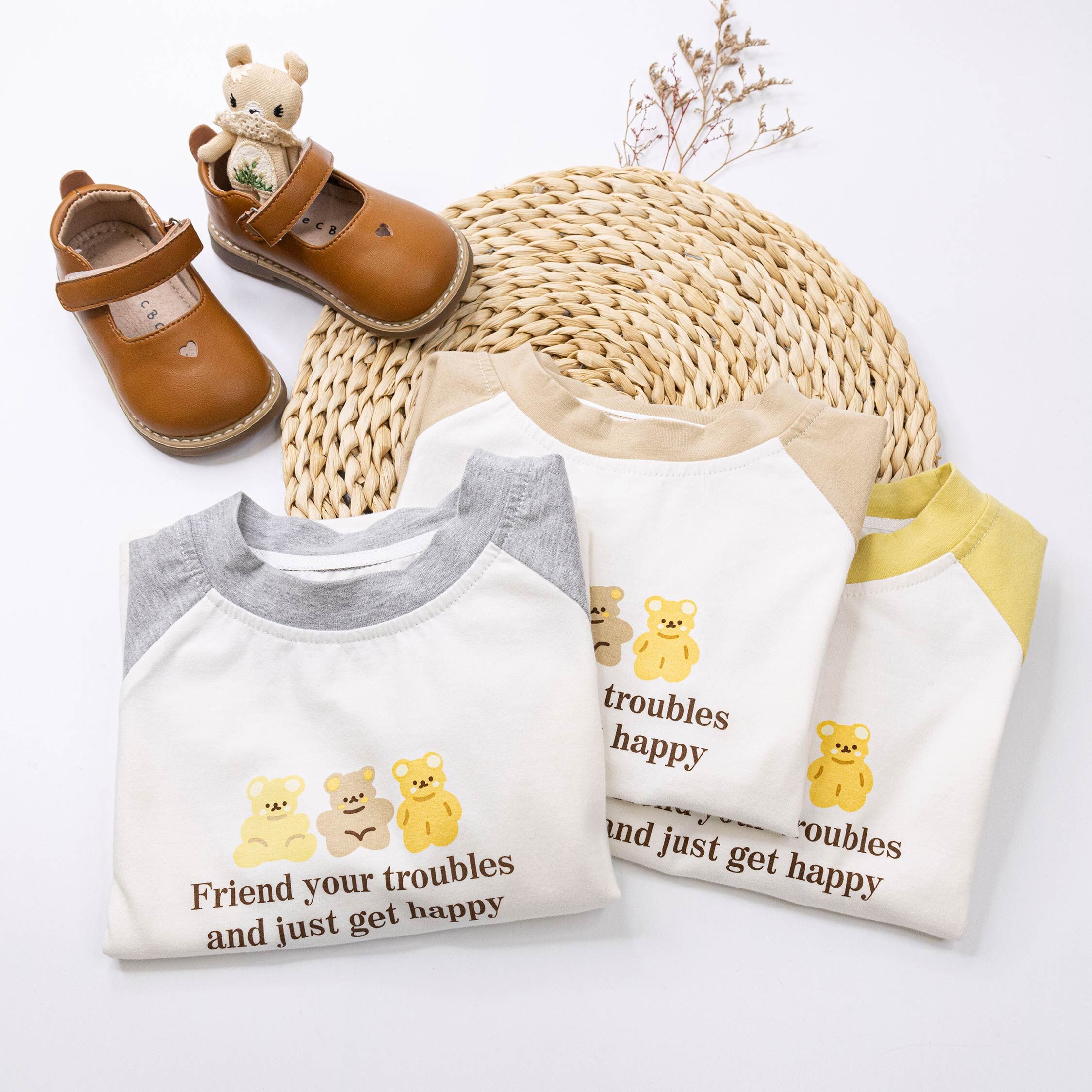 【H55328】QQ小熊軟糖舒適拼接袖上衣/內搭衣＊三色